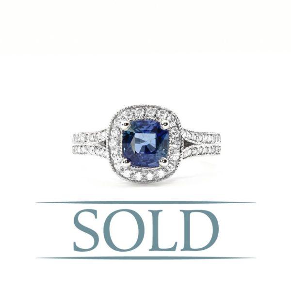 14k White Gold Natural Blue Sapphire and Diamond Halo Ring